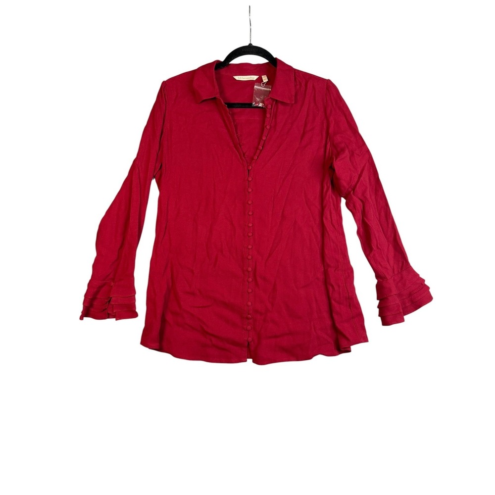 Soft Surroundings Red Ruffle Cuff Button Front Blouse Petite Small PS Collared